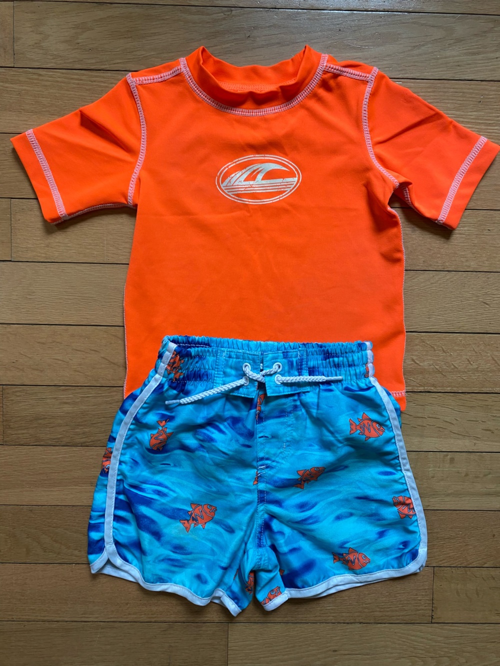 Koala Baby Kids Infant Size 18M Orange Rashguard with Blue Fish Swim Shorts